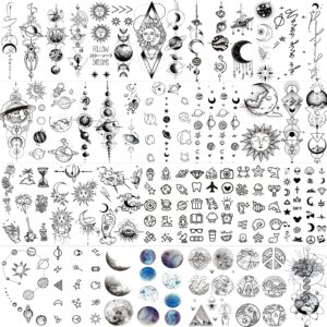 coktak 28 sheets outer space temporary tattoos for kids women men, 3d fake realistic star sun moon tattoo stickers boys girls, long lasting geometric planets universe tattoos neck small solar system