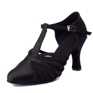 tda women's 1270 fashion comfort t-strap closed toe black satin salsa tango ballroom latin modern dance wedding shoes 8 m us