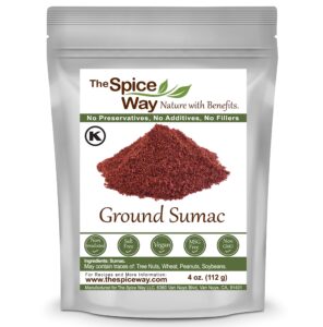 the spice way - pure 100% ground sumac spice, no salt, no gmo, no irradiation, sumac seasoning powder 4 oz (resealable bag) (sumak)