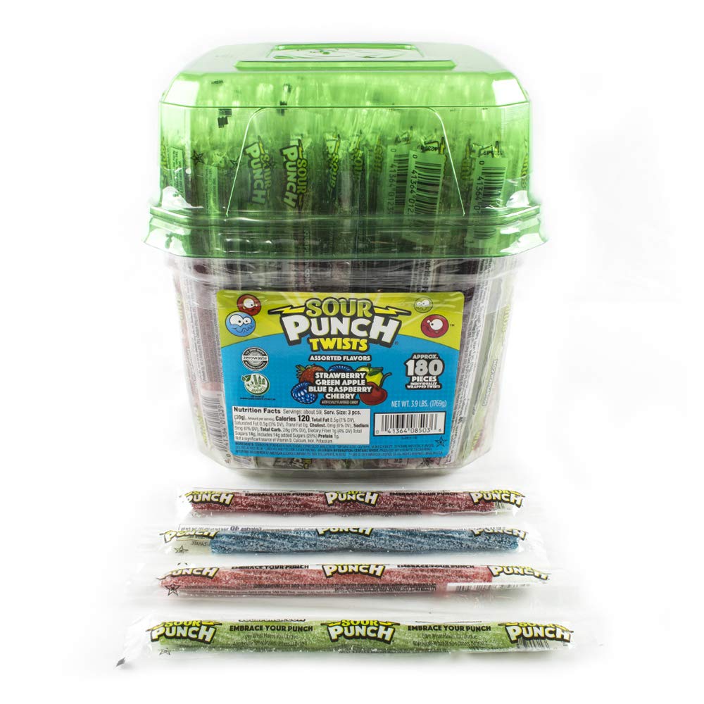 Sour Punch Twists, 6" Individually Wrapped Soft & Chewy Candy Tub, 4 Fruit Flavors, 62.4 Oz
