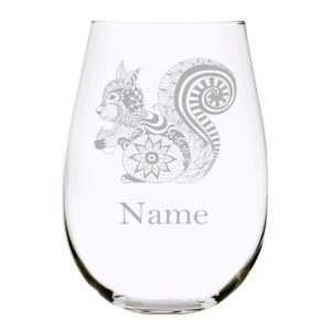 squirrel with name 17 oz. stemless wine glass