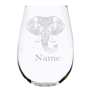 c & m personal gifts (1 piece) personalized stemless wine glass with elephant design, 17 ounces, customize your name - crystal glass gift for birthdays, father’s day, anniversaries, made in usa