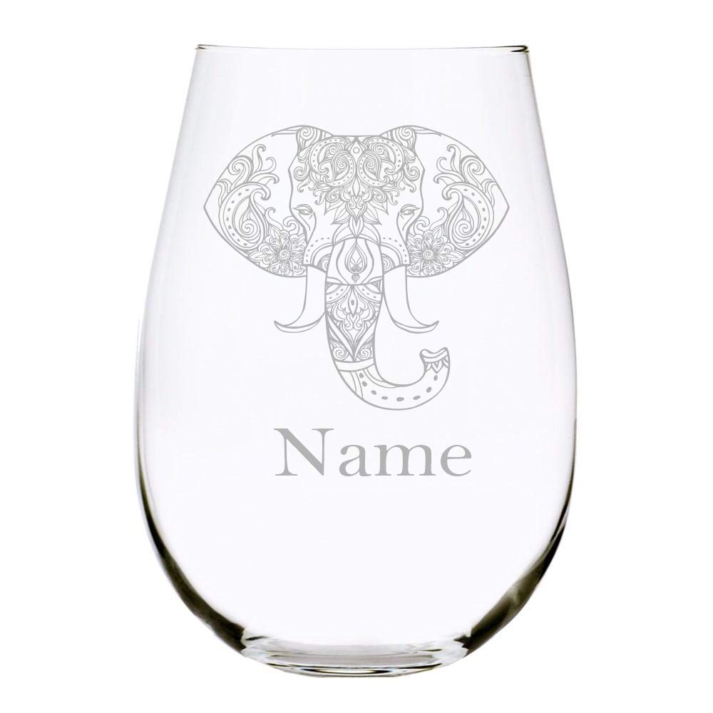 C & M Personal Gifts (1 Piece) Personalized Stemless Wine Glass with Elephant Design, 17 Ounces, Customize Your Name - Crystal Glass Gift for Birthdays, Father’s Day, Anniversaries, Made in USA