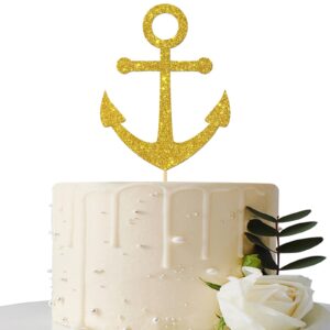 gold glitter ship anchor cake topper - for baby shower/nautical themed party/navy themed bon voyage/navy wedding party decorations supplies