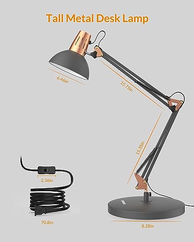 LEPOWER Metal Desk Lamp, Adjustable Goose Neck Architect Table Lamp with On/Off Switch, Swing Arm Desk Lamp with Clamp, Eye-Caring Reading Lamp for Bedroom, Study Room &Office (Sandy Black)