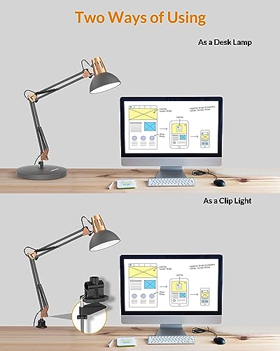 LEPOWER Metal Desk Lamp, Adjustable Goose Neck Architect Table Lamp with On/Off Switch, Swing Arm Desk Lamp with Clamp, Eye-Caring Reading Lamp for Bedroom, Study Room &Office (Sandy Black)