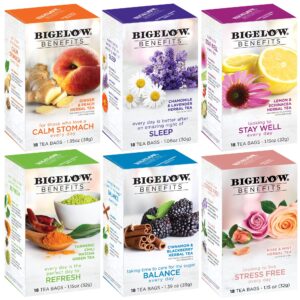 bigelow benefits wellness teas variety pack, mixed caffeinated green matcha & caffeine-free herbal tea, 18 count (pack of 6), 108 total tea bags (packaging may vary)