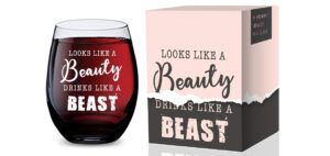 gsm brands stemless wine glass (looks like a beauty drinks like a beast) made of unbreakable tritan plastic and dishwasher safe - 16 ounces