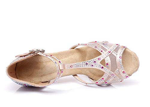 Minishion Crystals Dancing Sandals T-Strap Women's Satin Salsa Dance Shoes Nude US 8.5