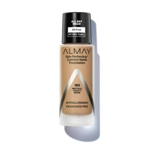 almay skin perfecting comfort matte foundation, hypoallergenic, cruelty free, -fragrance-free, dermatologist tested liquid makeup, neutral toasty beige, 1 fluid ounce