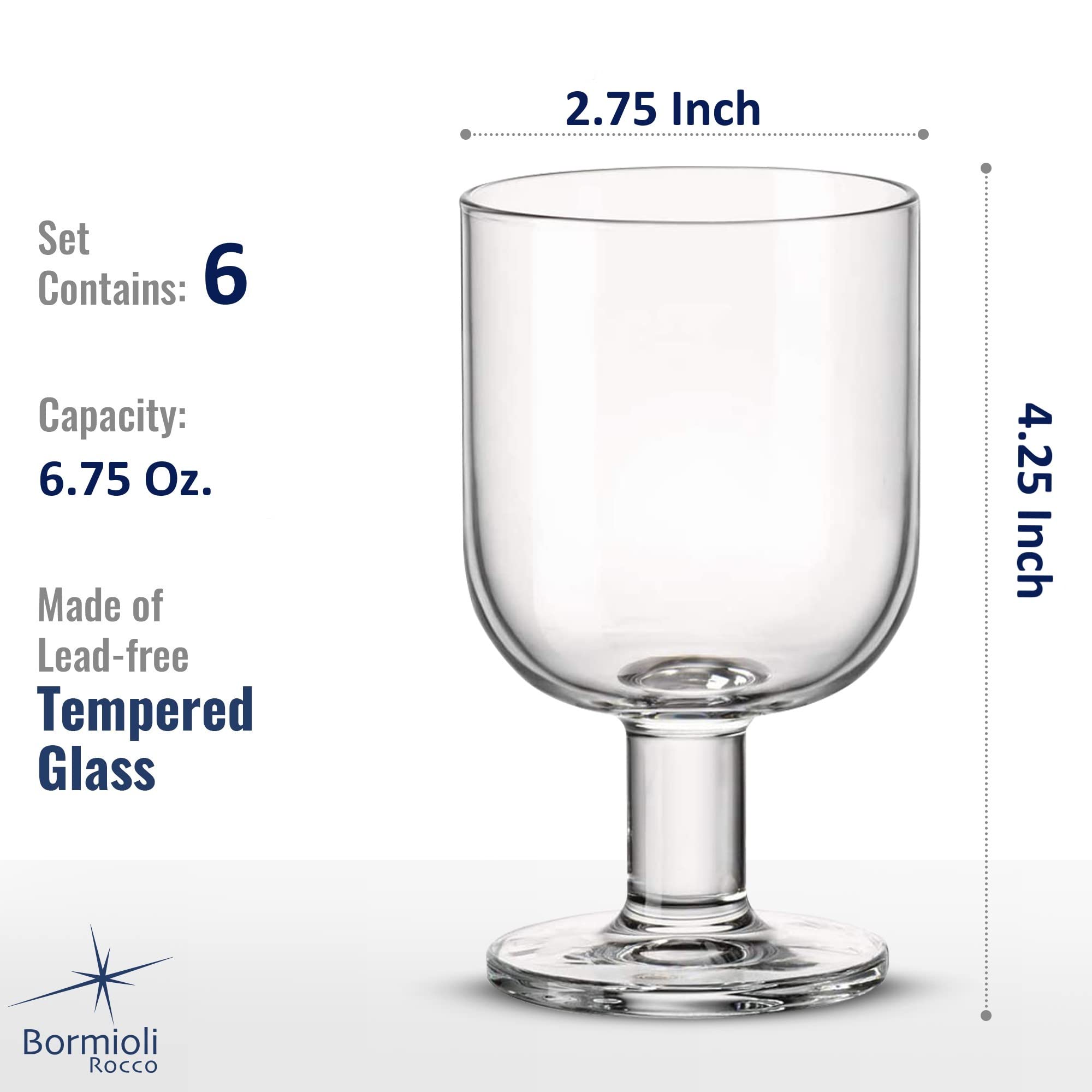 Bormioli Rocco Hosteria Set Of 6 Stackable Wine Glasses, 6.75 Oz. Goblet, Clear Tempered Glass, Made In Italy.