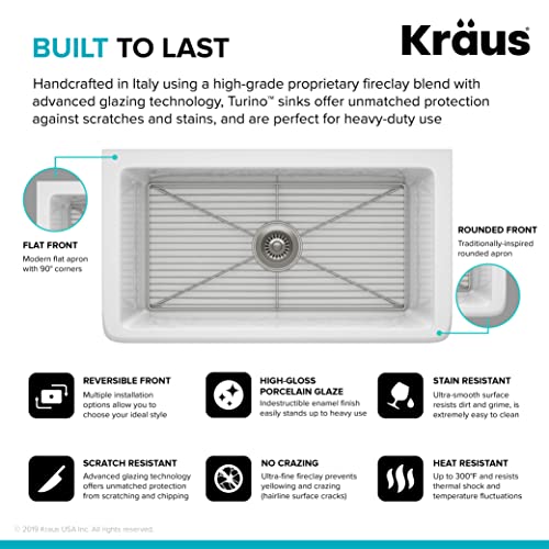 Kraus KFR1-33GWH Turino 33-inch Fireclay Farmhouse Apron Reversible Single Bowl Kitchen Sink with Bottom Grid in, White Color