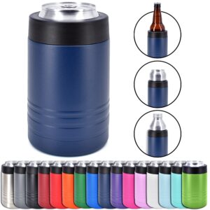 4-in-1 stainless steel 12 oz double wall vacuum insulated can or bottle cooler keeps beverage cold for hours - also fits 16 oz cans - powder coated navy - clear water home goods