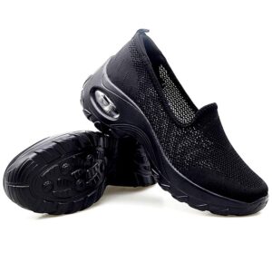 aconhop platform sneakers casual shoes women slip-on wedges mesh breathable non-slip comfort walking shoes black-36