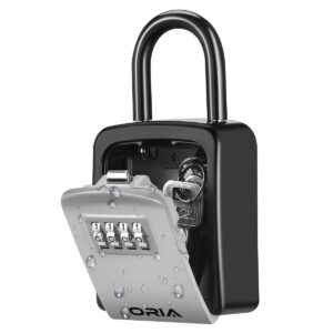 oria key lock box, key safe box, 4 digit combination key storage lock box waterproof, 5 keys capacity with removable shackle for indoor outdoor, silver, 3.66inch