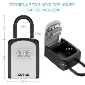 ORIA Key Lock Box, Key Safe Box, 4 Digit Combination Key Storage Lock Box Waterproof, 5 Keys Capacity with Removable Shackle for Indoor Outdoor, Silver, 3.66inch