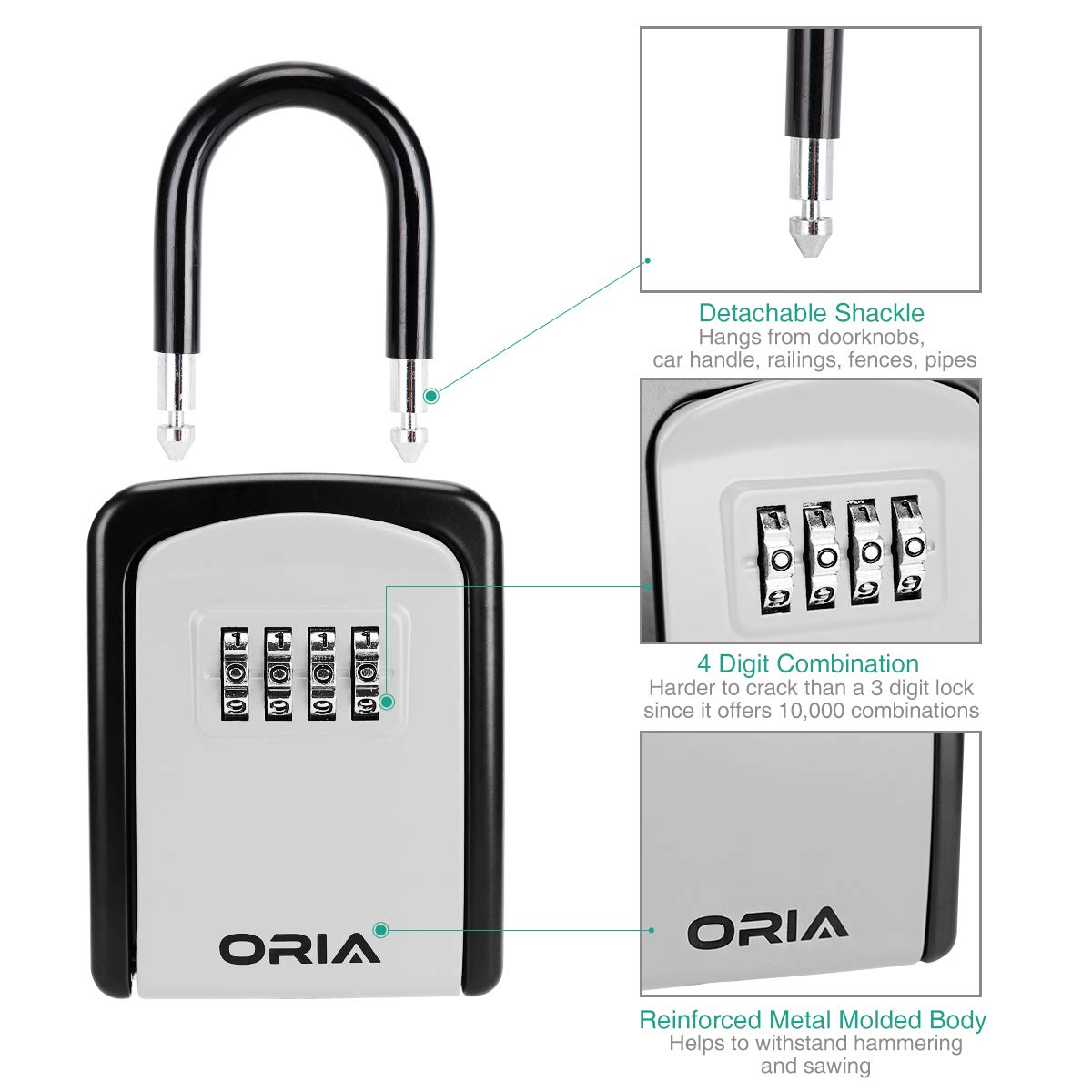 ORIA Key Lock Box, Key Safe Box, 4 Digit Combination Key Storage Lock Box Waterproof, 5 Keys Capacity with Removable Shackle for Indoor Outdoor, Silver, 3.66inch