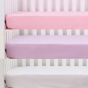 belsden 3 pack microfiber durable crib sheets fitted, silky soft smooth breathable baby sheets set for girls, 28''x52 fits standard crib and toddler mattresses, light purple + pink + white colors