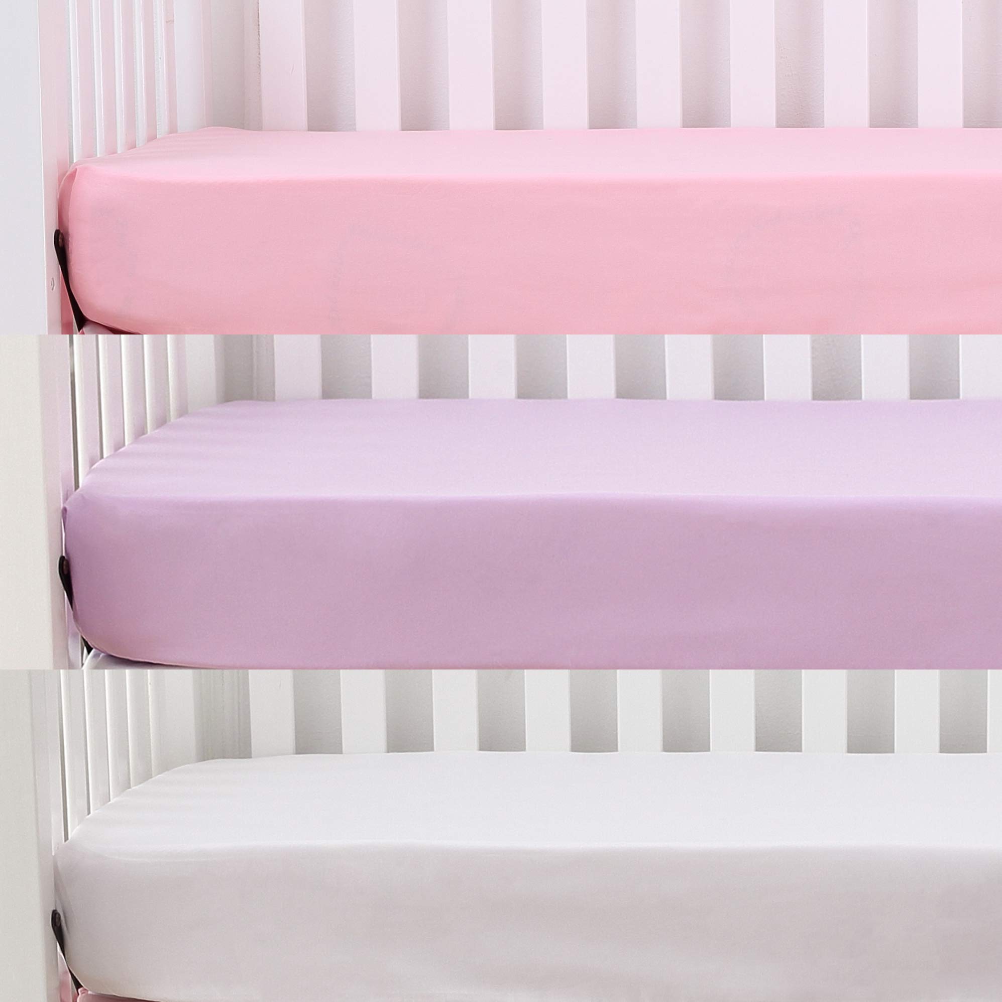 Belsden 3 Pack Microfiber Durable Crib Sheets Fitted, Silky Soft Smooth Breathable Baby Sheets Set for Girls, 28''x52 Fits Standard Crib and Toddler Mattresses, Light Purple + Pink + White Colors