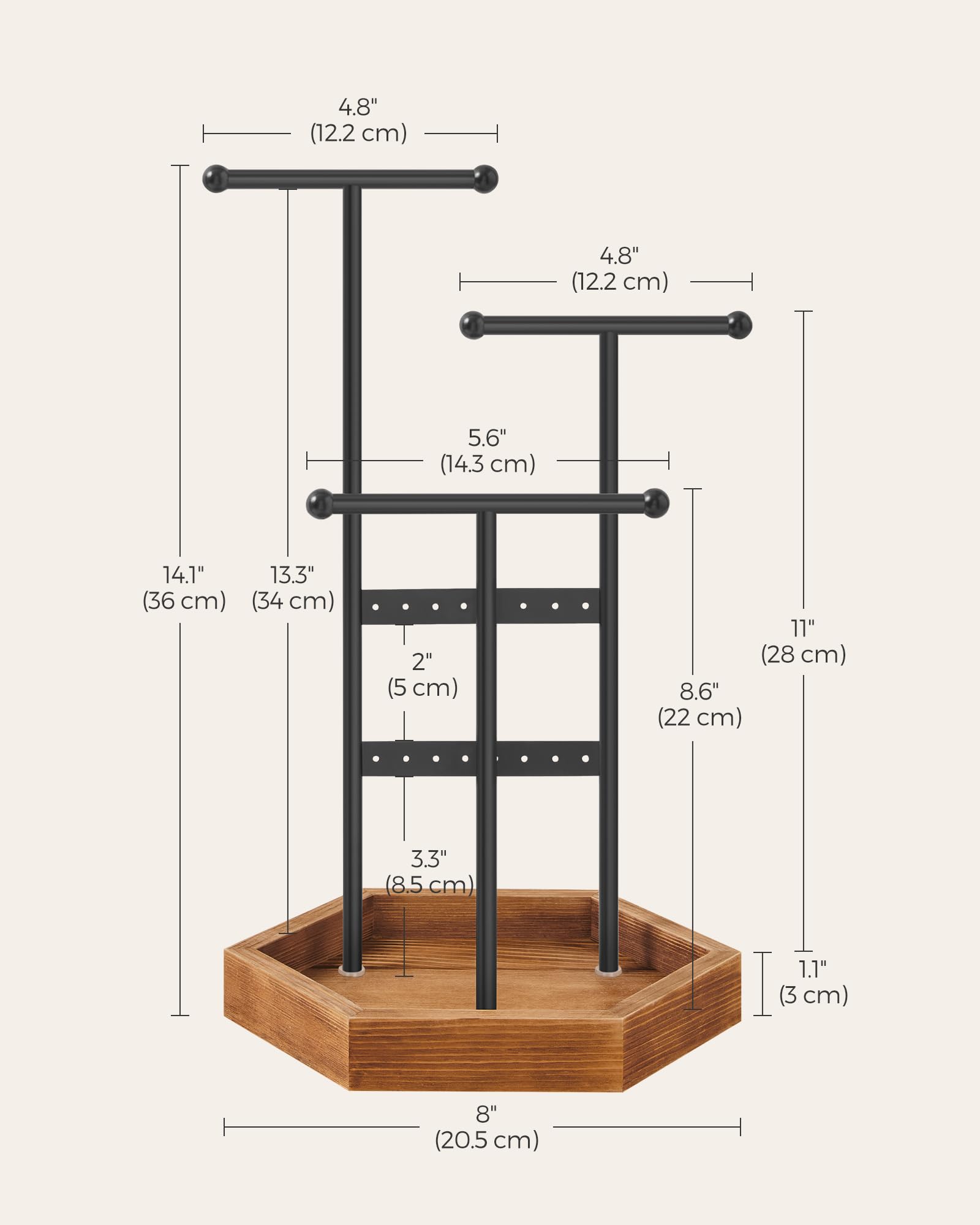 SONGMICS Jewelry Holder, Jewelry Organizer, 4 Independent Zones, Jewelry Display Stand with Metal Frame, Necklace Earring Bracelet Holder, for Rings, Black and Caramel Brown UJJS03CB