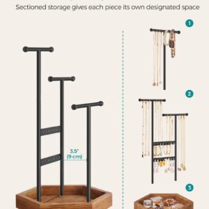 SONGMICS Jewelry Holder, Jewelry Organizer, 4 Independent Zones, Jewelry Display Stand with Metal Frame, Necklace Earring Bracelet Holder, for Rings, Black and Caramel Brown UJJS03CB