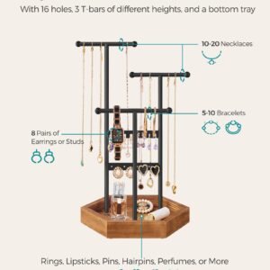 SONGMICS Jewelry Holder, Jewelry Organizer, 4 Independent Zones, Jewelry Display Stand with Metal Frame, Necklace Earring Bracelet Holder, for Rings, Black and Caramel Brown UJJS03CB