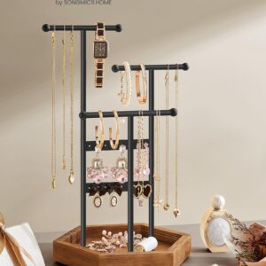 SONGMICS Jewelry Holder, Jewelry Organizer, 4 Independent Zones, Jewelry Display Stand with Metal Frame, Necklace Earring Bracelet Holder, for Rings, Black and Caramel Brown UJJS03CB