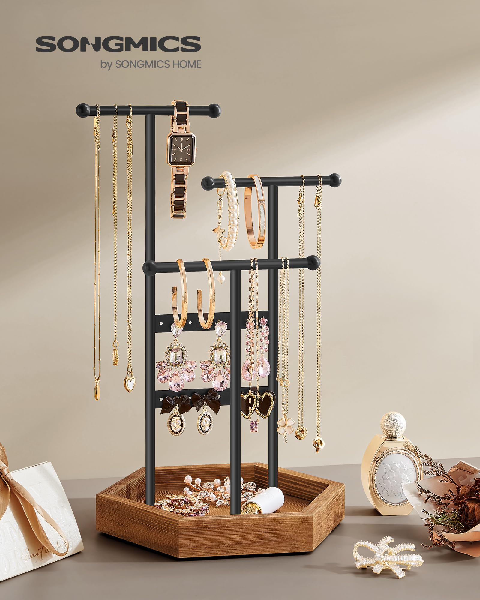 SONGMICS Jewelry Holder, Jewelry Organizer, 4 Independent Zones, Jewelry Display Stand with Metal Frame, Necklace Earring Bracelet Holder, for Rings, Black and Caramel Brown UJJS03CB