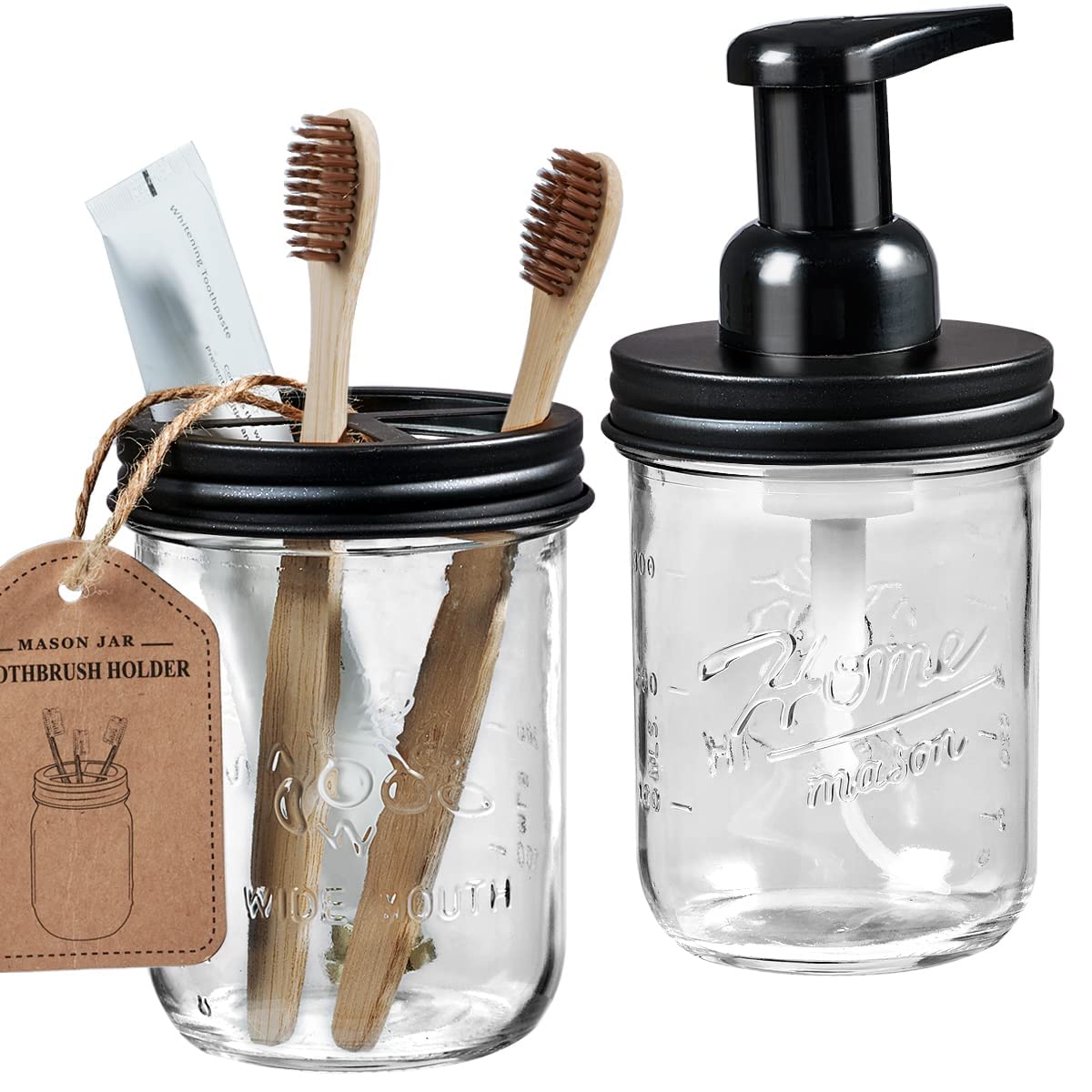 Mason Jar Bathroom Accessories Set - Includes Mason Jar Foaming Hand Soap Dispenser and Toothbrush Holder - Rustic Farmhouse Decor Apothecary Jars Bathroom Countertop and Vanity Organizer (Black)