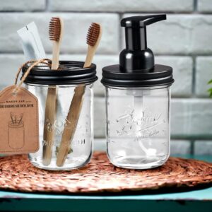 Mason Jar Bathroom Accessories Set - Includes Mason Jar Foaming Hand Soap Dispenser and Toothbrush Holder - Rustic Farmhouse Decor Apothecary Jars Bathroom Countertop and Vanity Organizer (Black)