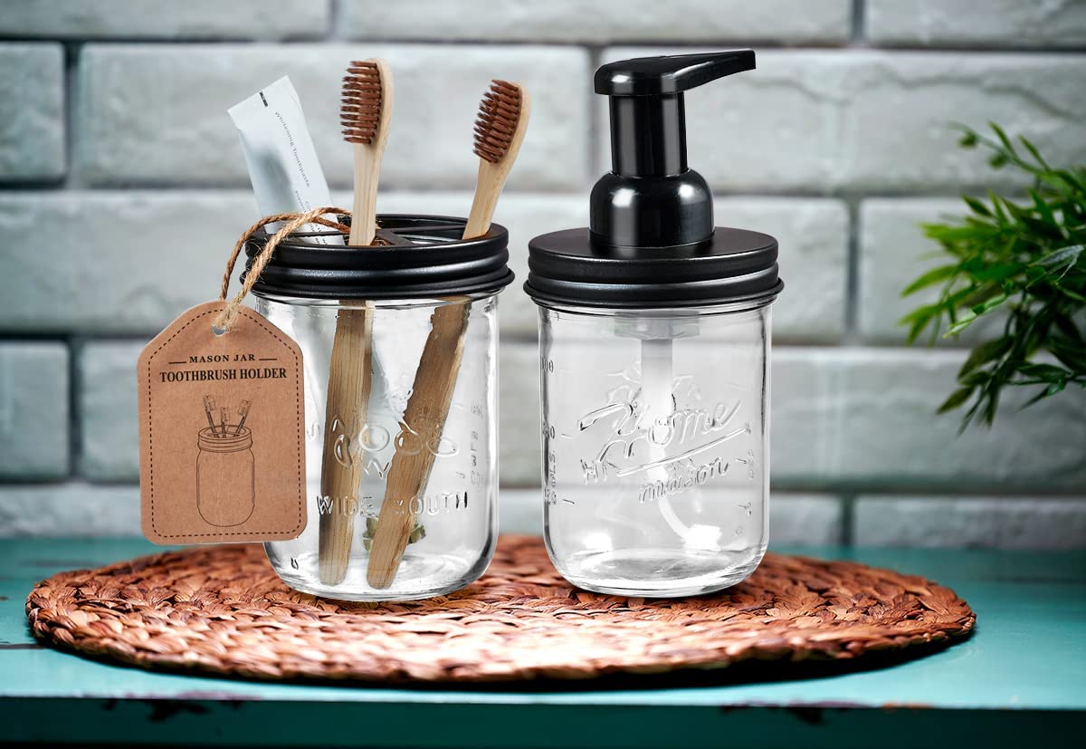 Mason Jar Bathroom Accessories Set - Includes Mason Jar Foaming Hand Soap Dispenser and Toothbrush Holder - Rustic Farmhouse Decor Apothecary Jars Bathroom Countertop and Vanity Organizer (Black)