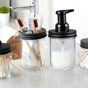 Mason Jar Bathroom Accessories Set - Includes Mason Jar Foaming Hand Soap Dispenser and Toothbrush Holder - Rustic Farmhouse Decor Apothecary Jars Bathroom Countertop and Vanity Organizer (Black)