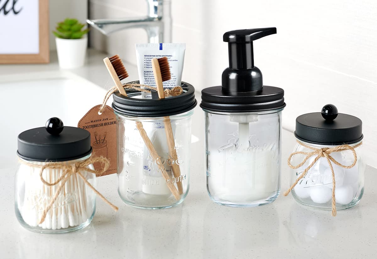 Mason Jar Bathroom Accessories Set - Includes Mason Jar Foaming Hand Soap Dispenser and Toothbrush Holder - Rustic Farmhouse Decor Apothecary Jars Bathroom Countertop and Vanity Organizer (Black)