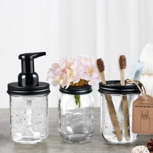 Mason Jar Bathroom Accessories Set - Includes Mason Jar Foaming Hand Soap Dispenser and Toothbrush Holder - Rustic Farmhouse Decor Apothecary Jars Bathroom Countertop and Vanity Organizer (Black)