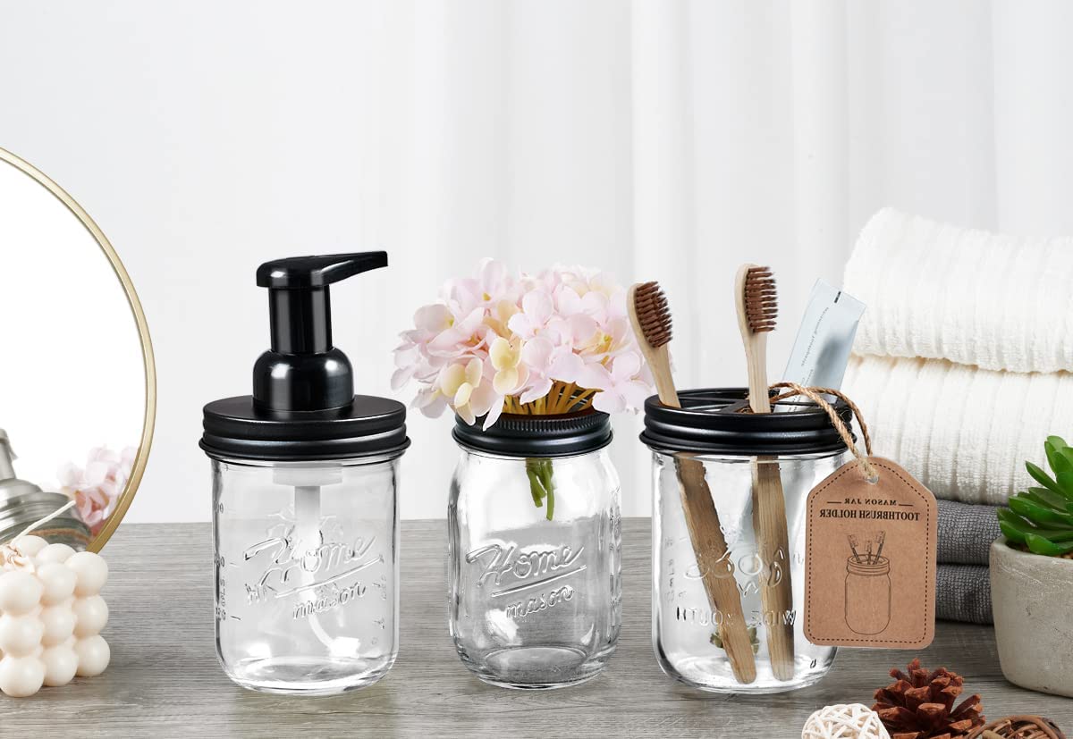 Mason Jar Bathroom Accessories Set - Includes Mason Jar Foaming Hand Soap Dispenser and Toothbrush Holder - Rustic Farmhouse Decor Apothecary Jars Bathroom Countertop and Vanity Organizer (Black)