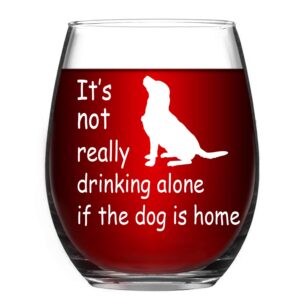 stemless wine glass it's not really drinking alone if the dog is home funny wine cup best gift for dog lover 15 oz