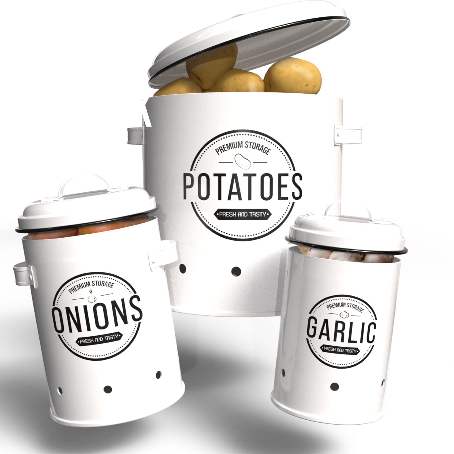 LOFTASTIC® Potato and onion storage bin (3 pack), onion and potato storage bins, potato storage, onion storage, potato storage for pantry, white