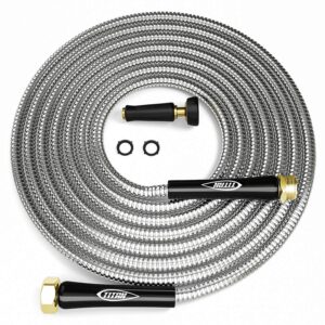 titan garden hose 15ft - 304 stainless steel metal water hose, flexible, kink-free, lightweight, durable, crush resistant fittings, easy to coil, 500 psi