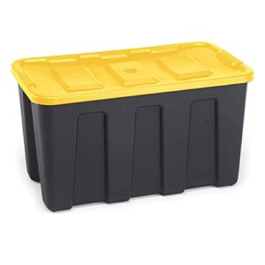 homz 34-gallon durabilt plastic stackable home office garage storage organization container bin w/lid and handles, black/yellow (2 pack)