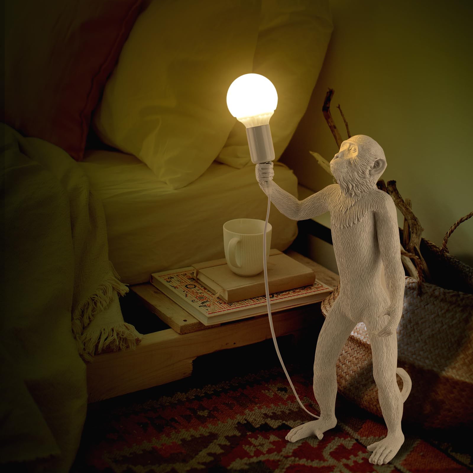 CHABEI Modern Resin Standing Monkey Table Lamp,Desk Lamp,Animal Lamp,Bedside LED Light for Home Decor,Living Room, Bedroom, Home Office, Kids Room(White-Standing)