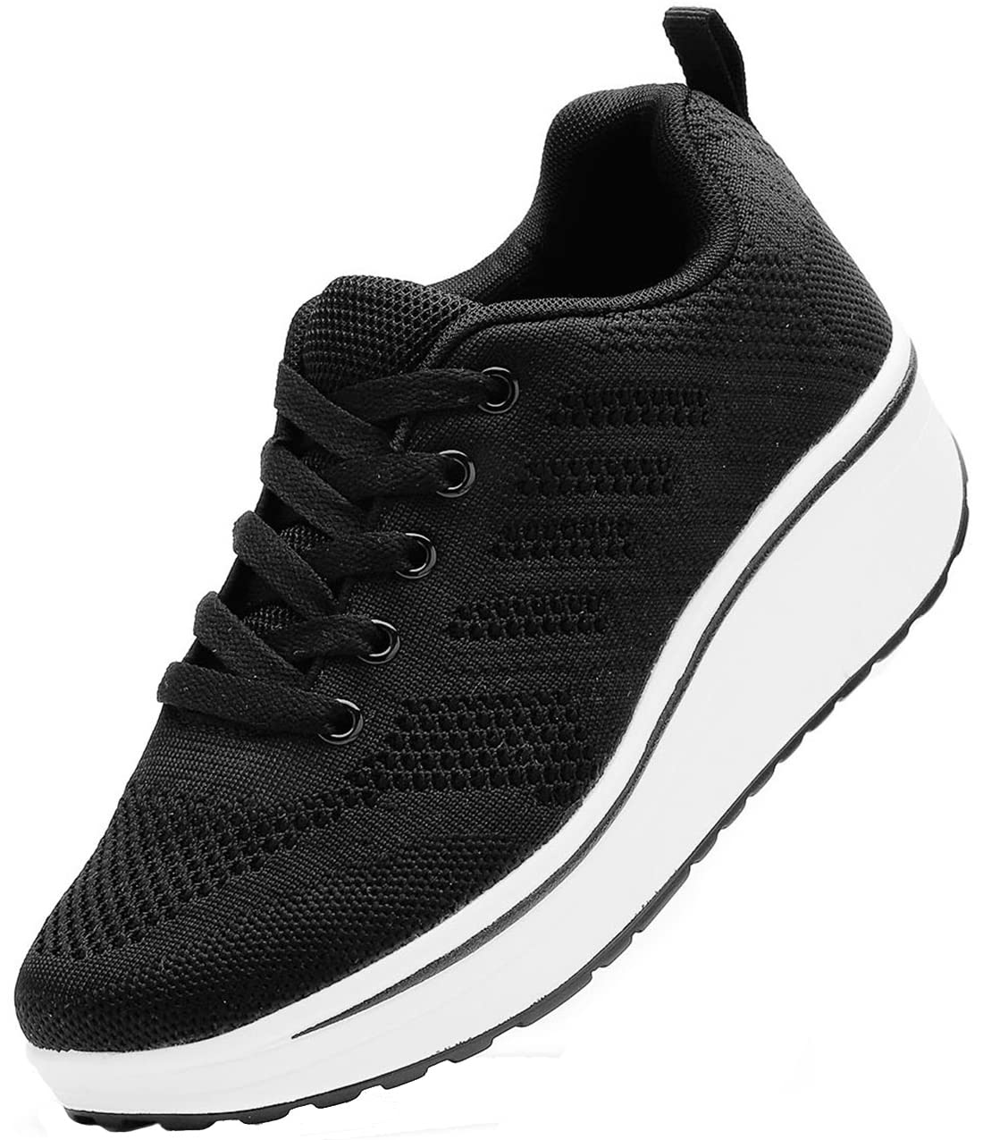 PPXID Women's Platform Fashion Sneakers Breathable Mesh Walking Shoes Lightweight Non Slip Running Shoes-Black 12 US Size