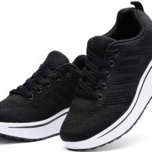 PPXID Women's Platform Fashion Sneakers Breathable Mesh Walking Shoes Lightweight Non Slip Running Shoes-Black 12 US Size