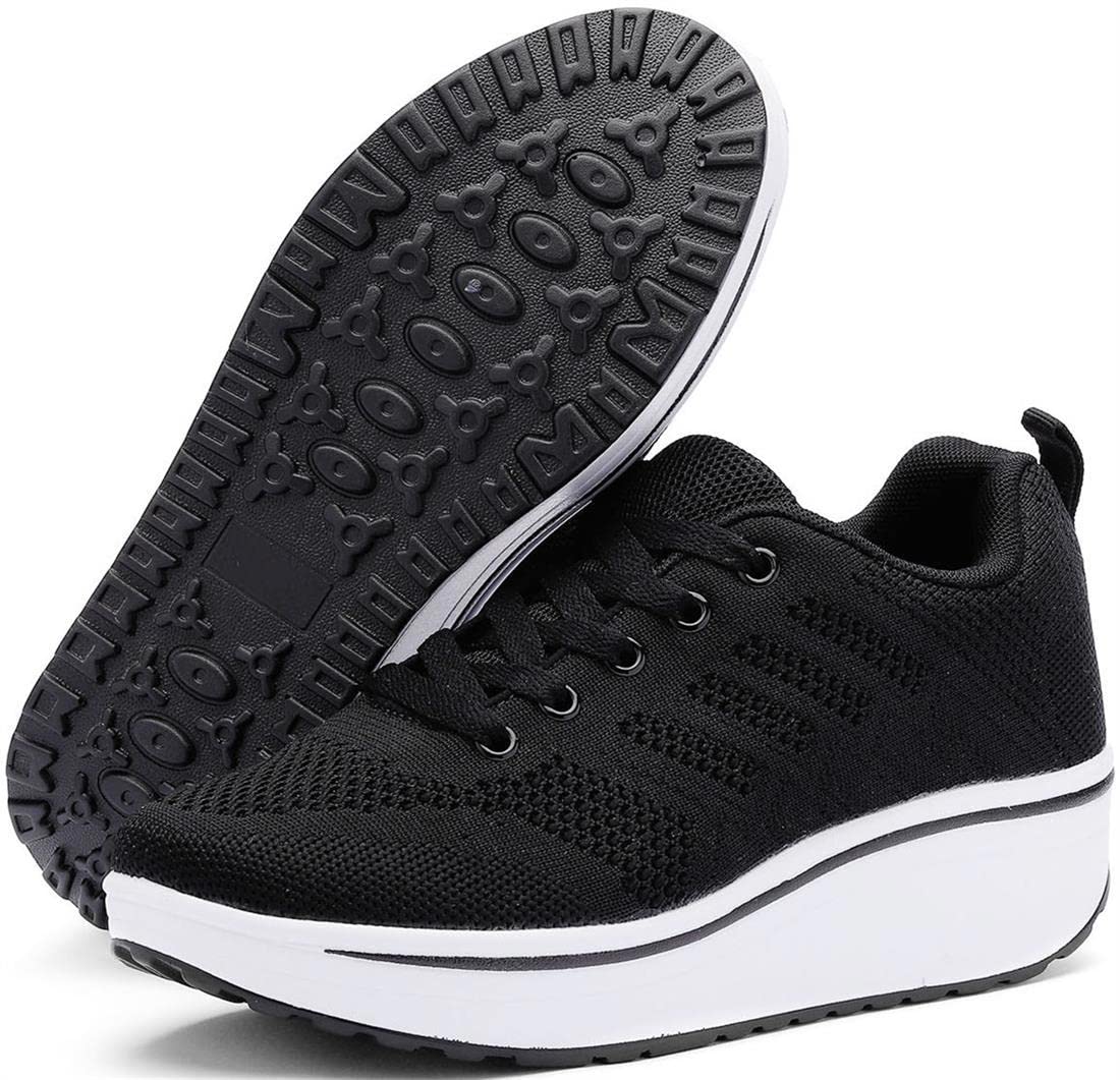 PPXID Women's Platform Fashion Sneakers Breathable Mesh Walking Shoes Lightweight Non Slip Running Shoes-Black 12 US Size