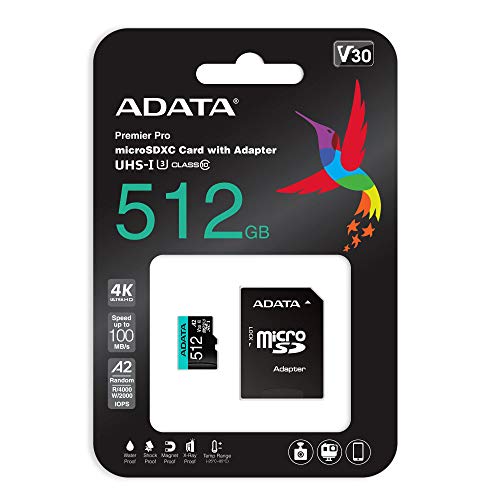 ADATA Premier Pro 512GB MicroSDXC/SDHC UHS-I U3 Class 10 V30S A2 Memory Card with SD Adapter - Waterproof, Shockproof, X-ray Proof, Magnet Proof and Temperature Resistant