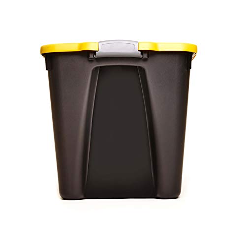 Homz 22-Gallon Durabilt Plastic Stackable Home Office Garage Storage Organization Container Bin w/Latching Lid and Handles, Black/Yellow (4 Pack)