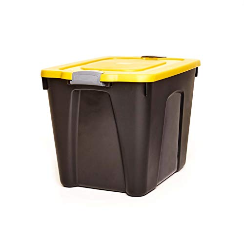 Homz 22-Gallon Durabilt Plastic Stackable Home Office Garage Storage Organization Container Bin w/Latching Lid and Handles, Black/Yellow (4 Pack)