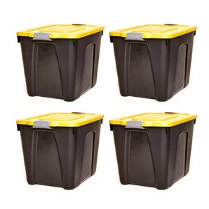 Homz 22-Gallon Durabilt Plastic Stackable Home Office Garage Storage Organization Container Bin w/Latching Lid and Handles, Black/Yellow (4 Pack)