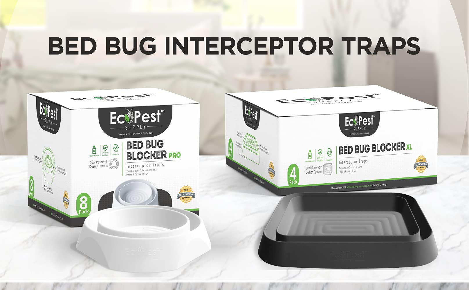 Bed Bug Interceptors – 4 Pack | Bed Bug Blocker (XL) Interceptor Traps (White) | Extra Large Insect Trap, Monitor, and Detector for Bed Legs