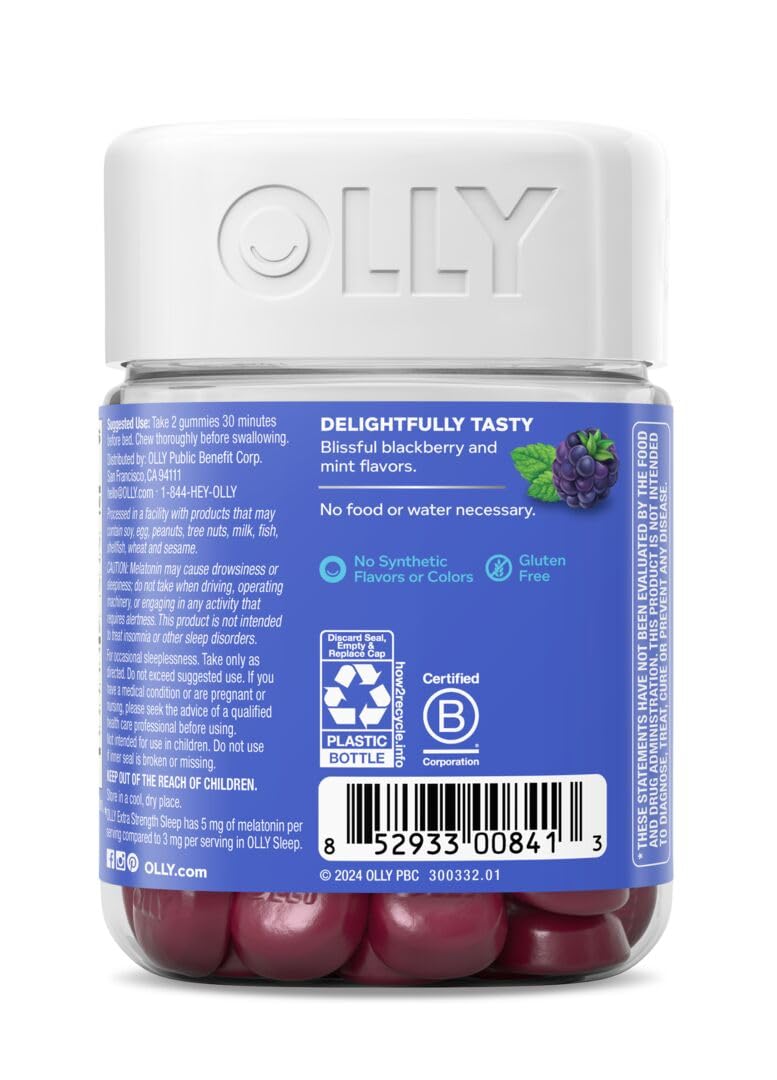 OLLY Extra Strength Sleep Gummy, Occasional Sleep Support, 5 mg Melatonin, L-Theanine, Chamomile, Lemon Balm, Sleep Aid, BlackBerry - 50 Count