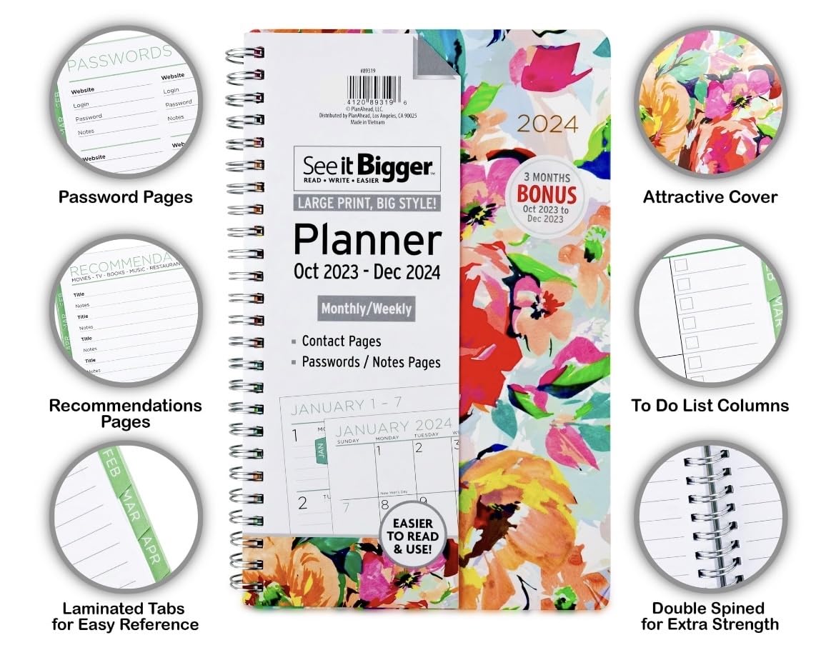 PlanAhead See IT Bigger April 2024 - June 2025 Size 8.75" x 5.5" x 0.5" Monthly/Weekly Medium Planner and Twin Fluorescent Pen (Floral Coppa)